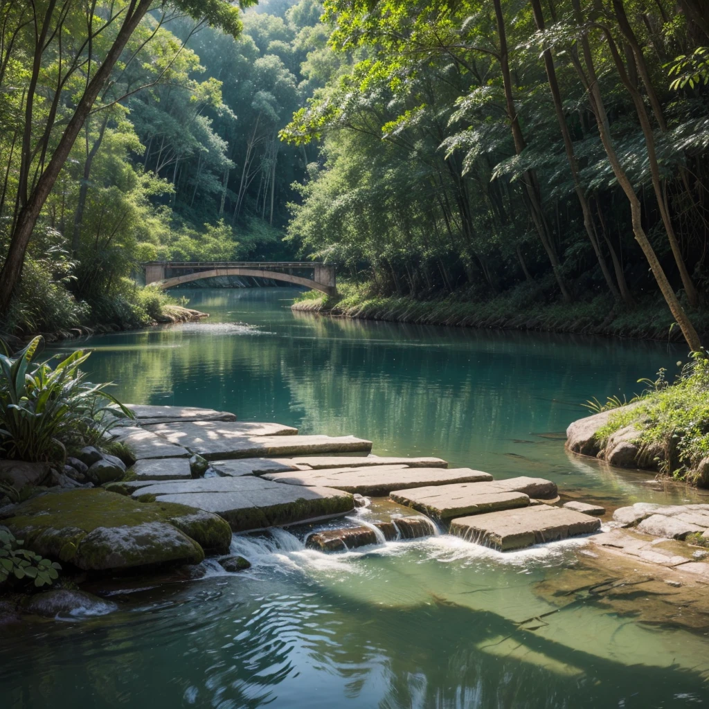 Create detailed artwork of musician João Donato playing the piano. No fundo, represent the banks of the Croa River with its serene waters and lush vegetation. Include a rubber tree next to the piano, highlighting its characteristic roots and leaves.