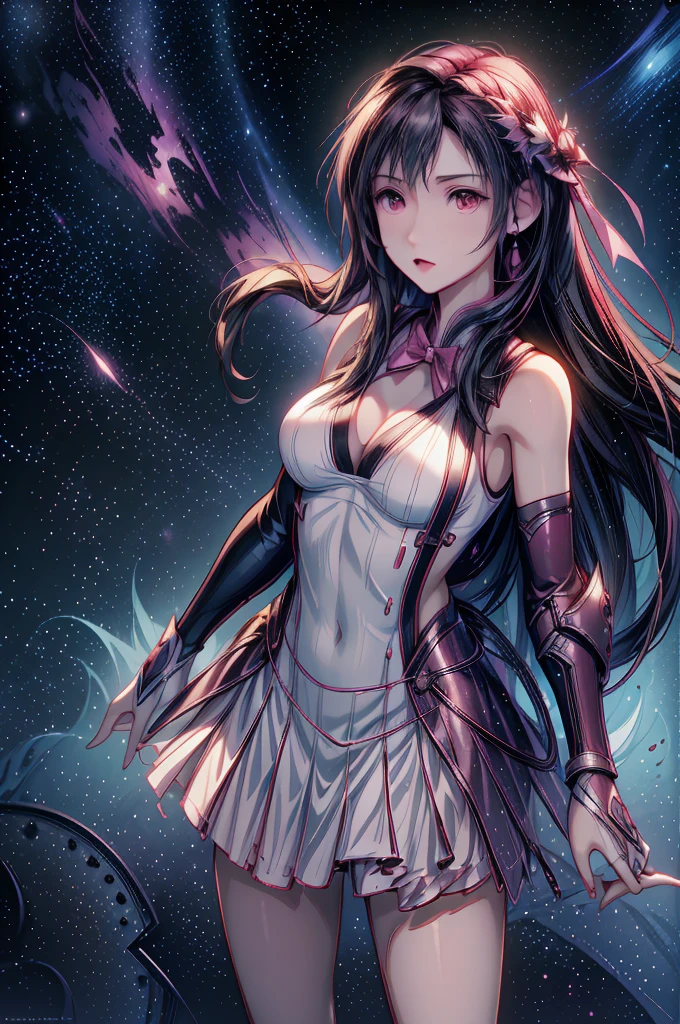 (8K HDR photorealistic pic), Tifa Lockhart, muscular, athletic, cheerful, toned body, (massive breasts), hourglass figure, fighter, long dark hair tied with ribbon at the end, ((Aerith costume, white dress, pink jacket)), realistic, seductive, red eyes, soft shadows, (masterpiece), Starry Sky with Mountains and Lake, Inspired by Jessica Rossier, Jessica Rossier Fantasy Art, Concept Art Magic Highlights, Official Artwork, Dream Painting, Ethereal Realm, Atmospheric artwork, dreamy matte paintings, serene endless stars inspired by Ted Nasmith, moonlit starry environments, epic music album covers.