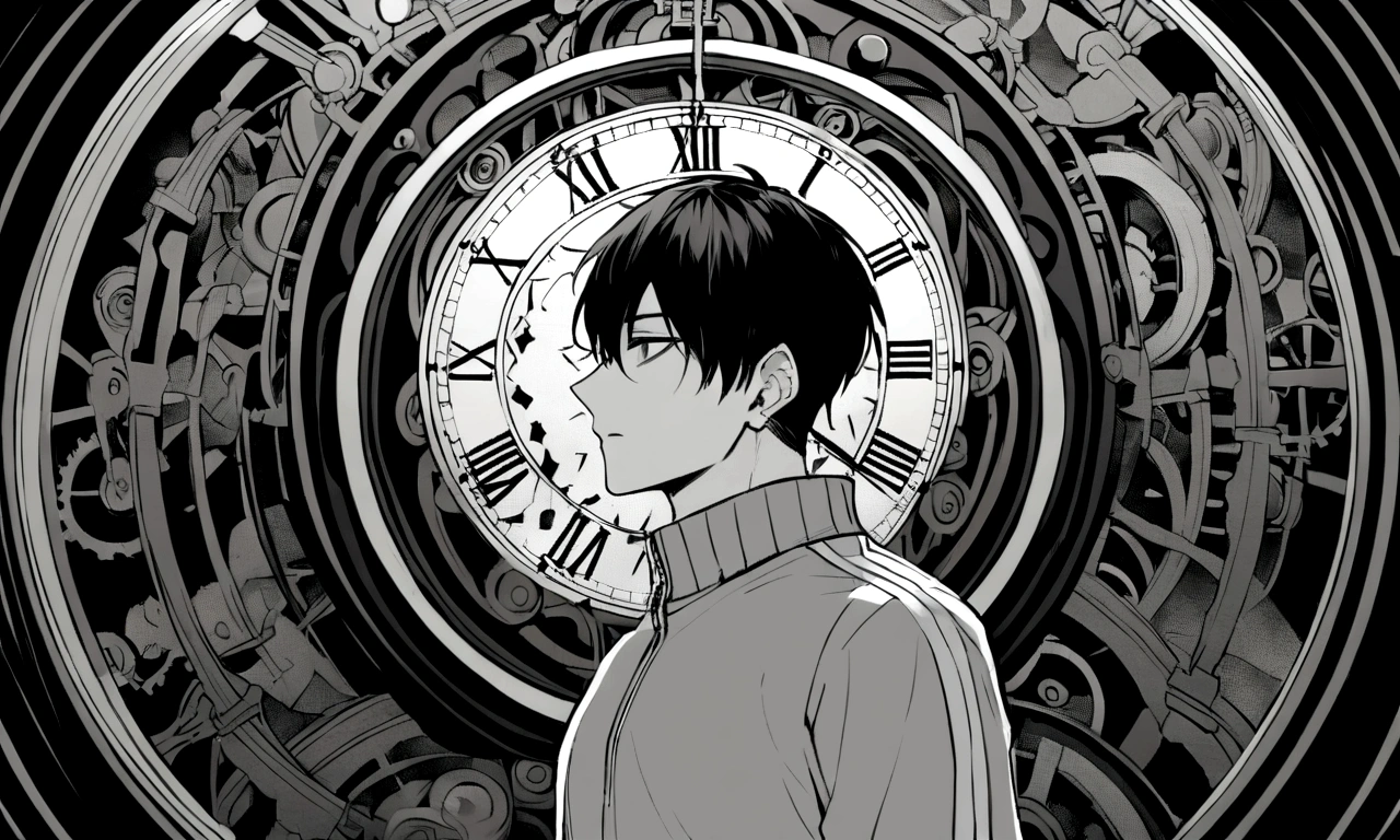 black and white drawing, giant clockwork background, human, 26 year old male, black neat hair, a lonely face, wearing gray tracksuit, stab a clock in the chest. Clock hands pierce the heart