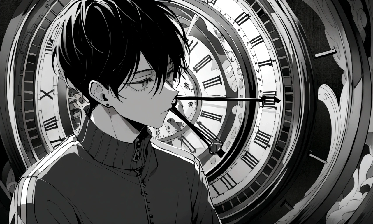 black and white drawing, giant clockwork background, human, 26 year old male, black neat hair, a lonely face, wearing gray tracksuit, stab a clock in the chest. Clock hands pierce the heart