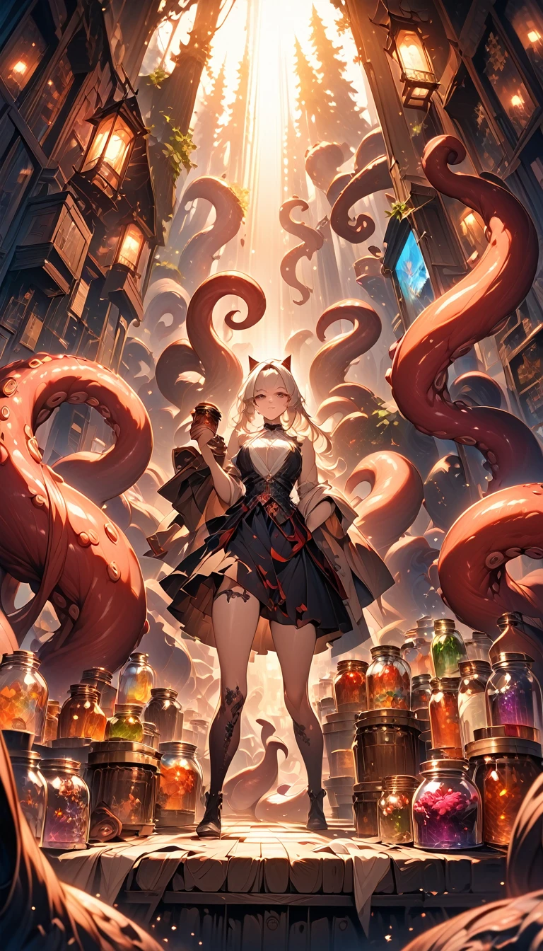 a sexy girl in a sexy dress tends the store at the counter, fantastic store, Fantasy world, dark, disturbing, strange, unnatural, (Rembrandt Lighting: 1.3) light particles, lens flares, store with several tentacles inside large jars, , a woman shopping, live tentacles for sale inside jars, side chest, forest cat on stage, close-up of the upper part of the body, artistic masterpieces that will go down in history, fantastic backgrounds, memorable scenes, fantastic angles (masterpiece : 1.2), (best quality: 1.2), intricate details, newest, AI generated (Bill Sienkiewicz inspired art, intricate details, oil painting)