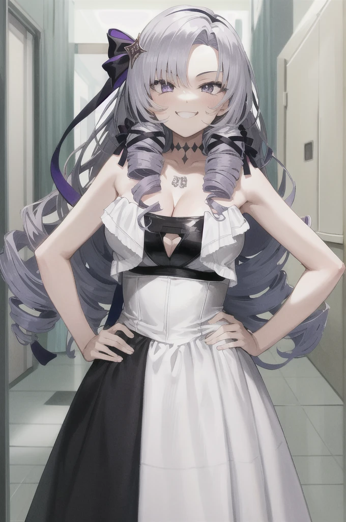 全nakedで,masterpiece,Highest quality,Very detailed,Super detailed,Very detailed,Beautiful Eyes,Beautiful Hair,Beautiful Face,Beautiful Skin,Perfect Anatomy,High resolution,超High resolution,Large Breasts,Blake Hmsalome,Drill Hair,Parted bangs,Black hair band,ribbon,Purple eyes,naked,naked,Shaved pussy,pussy,((Smug face)),Hands on hips,city,Throw out your chest,indoor,(((Fascinating_smile))),(Tilt_return:0.8),