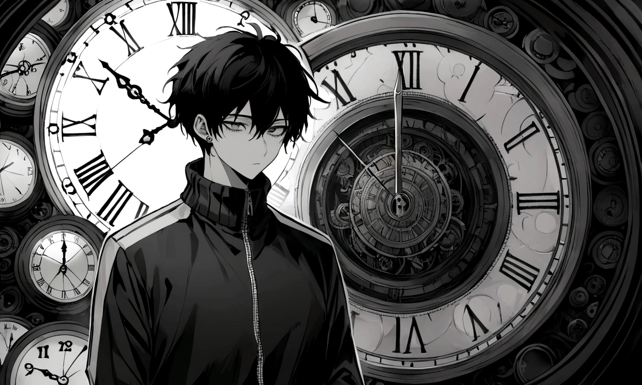 black and white drawing, giant clockwork background, human, 26 year old male, black neat hair, a lonely face, wearing gray tracksuit, stab a clock in the chest. Clock hands pierce the heart