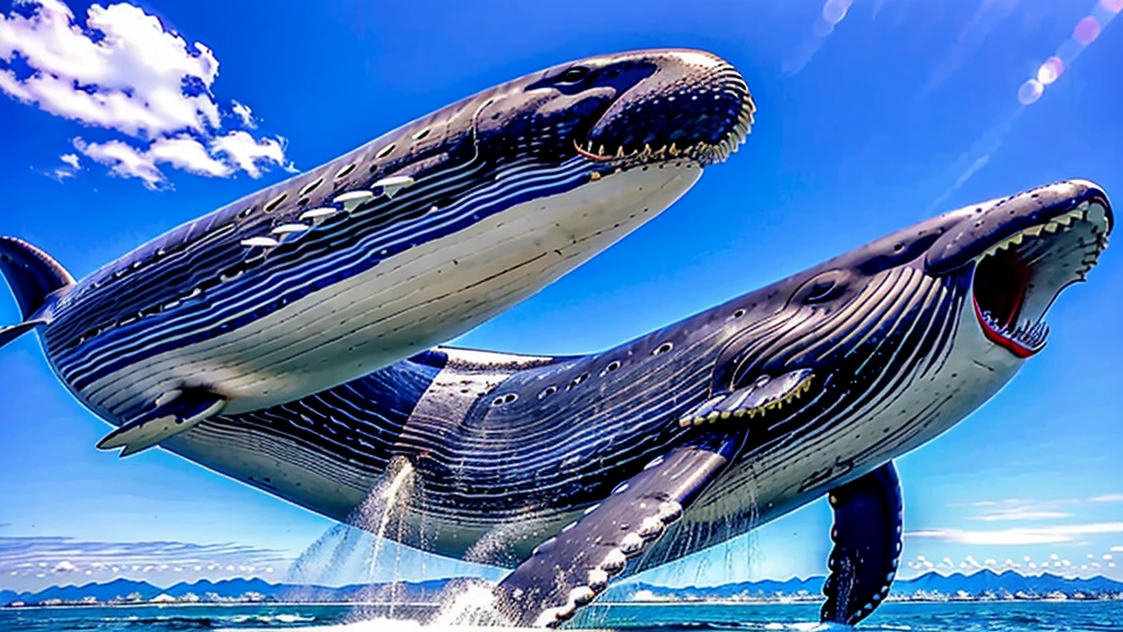 A beautiful sky blue big whale with its mouth wide open。The teeth are very neat。Flying in the sky like an airplane。