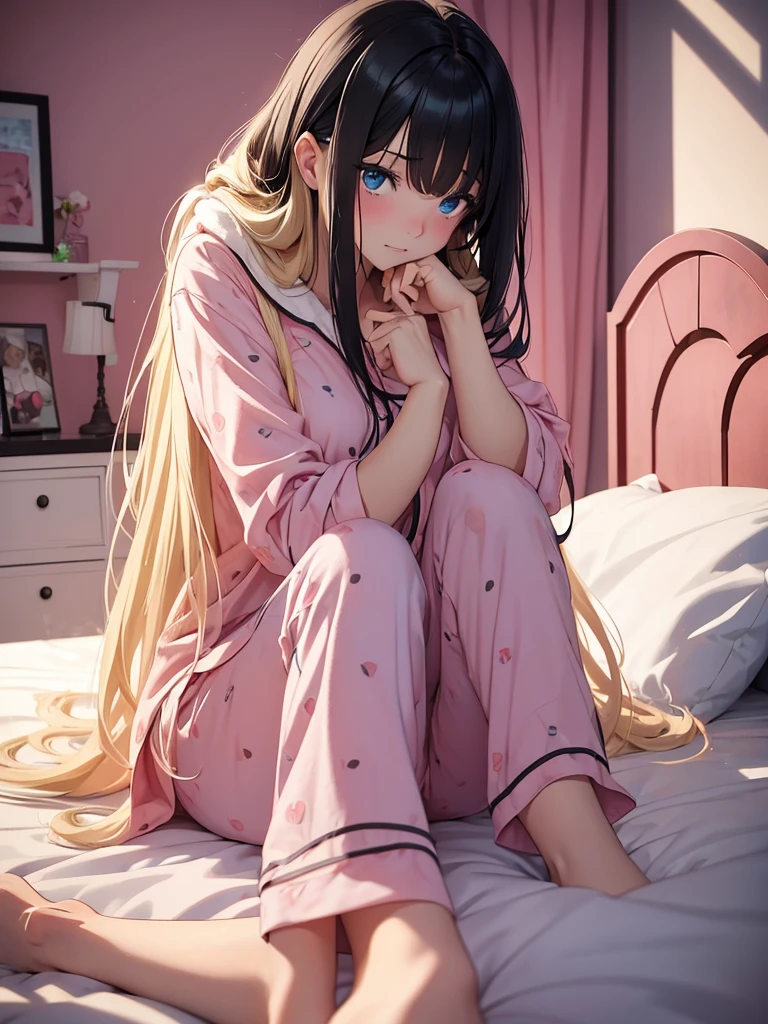 an adult girl, Blonde, blue eyes, loose hair, lying in her bed with a somewhat sick face, in pink full body pajamas, There is an adult boy next to her sitting on the bed to take care of her., black hair, black eyes