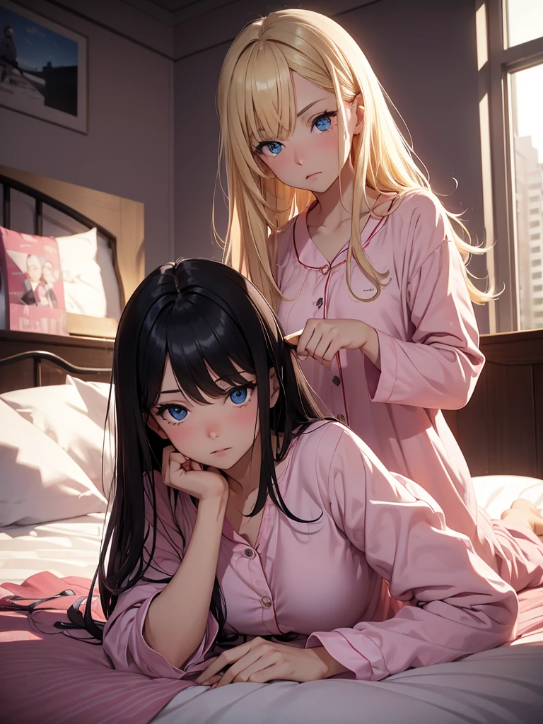 an adult girl, Blonde, blue eyes, loose hair, lying in her bed with a somewhat sick face, in pink full body pajamas, There is an adult boy next to her sitting on the bed to take care of her., black hair, black eyes