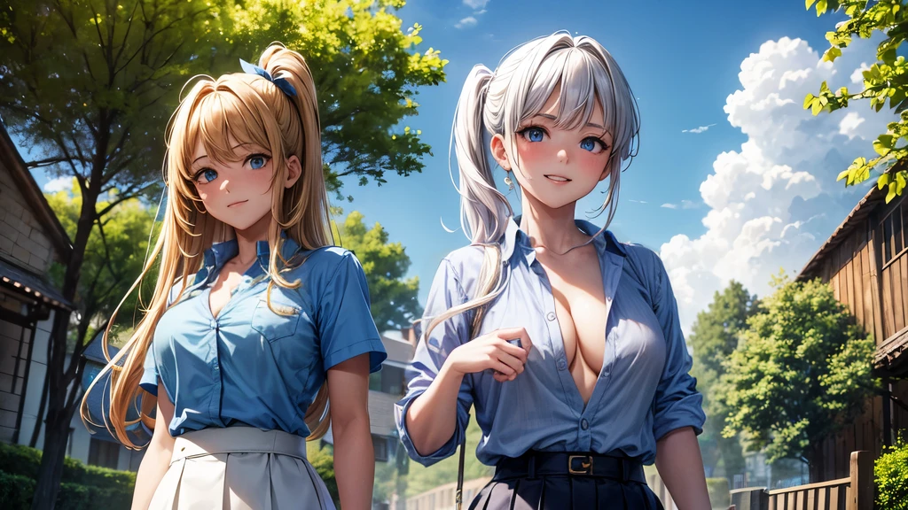 2girls, summer, village, trees, sun, clouds, chestnut hair, side ponytail, large breasts, ((popping shirt buttons)), button down, unbuttoning buttons, dark blue eyes, ((pale blue shirt)), ((unbuttoned shirt)), ((short sleeved shirt)), cleavage 1:3, white skirt, brown shoes, grin, looking at the viewer, standing, hair ribbon, golden necklate