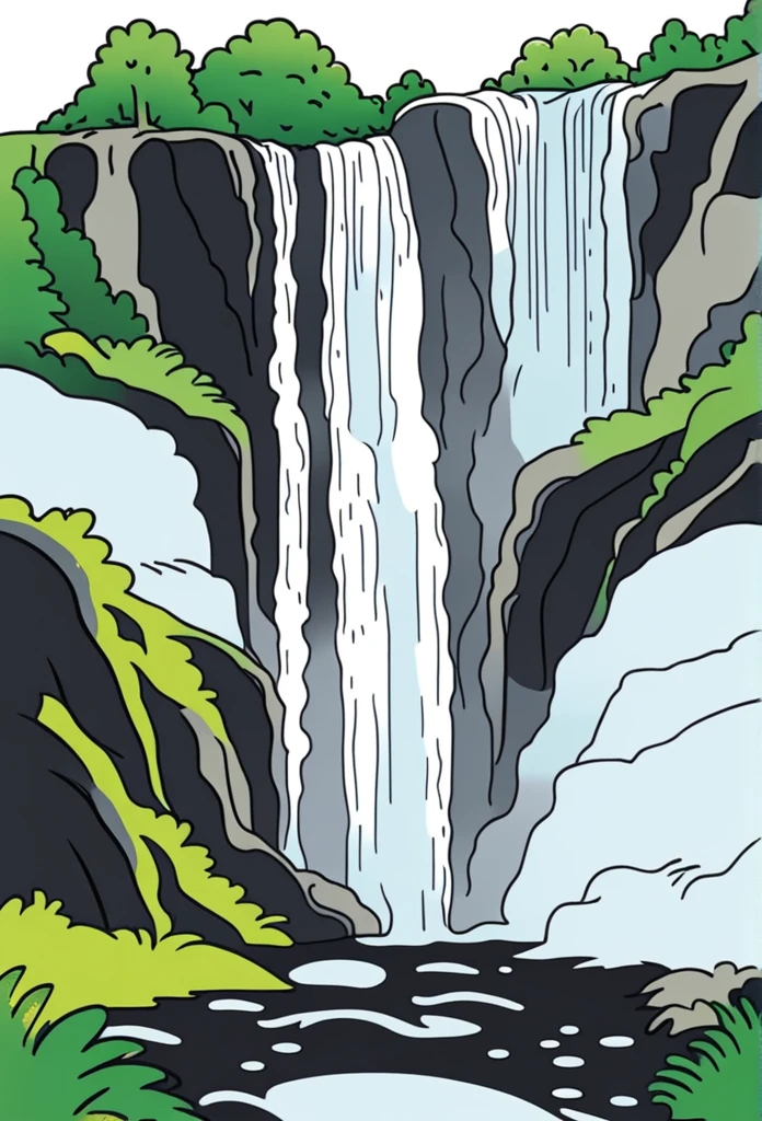 /Imagine Prompt: Waterfall illustration for banner on white background, bold outline style, irregular, Trashcore, light shading