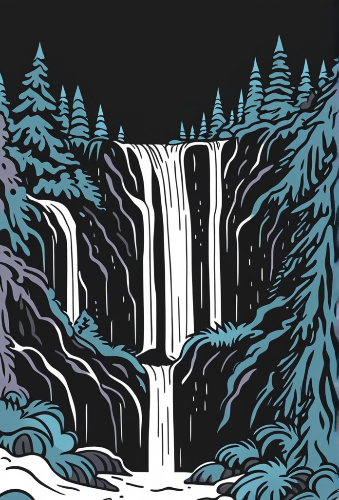 /Imagine Prompt: Waterfall illustration for banner on white background, bold outline style, irregular, Trashcore, light shading