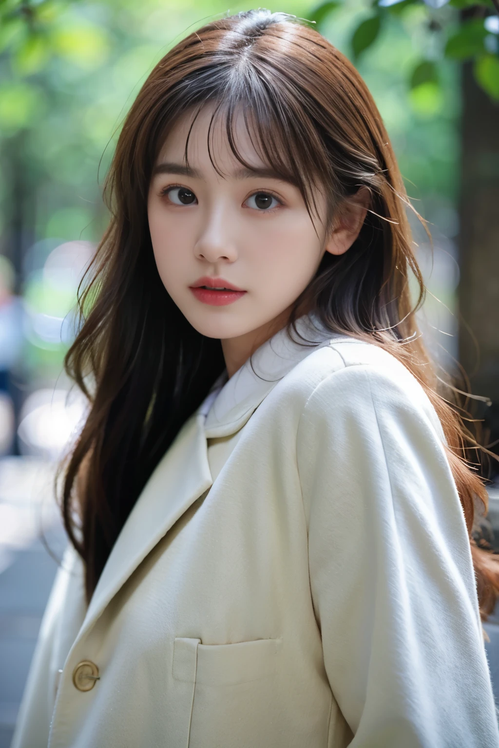 (8K, RAW Photos, Highest quality, masterpiece:1.3), (Realistic, photo-Realistic:1.4), (Highly detailed 8K wallpaper), Sharp focus, Written boundary depth, Japanese Idols,very cute, Baby Face,(coat:1.3),(Long Hair :1.3), whole body, Highly detailed face and eyes,((Shiny skin:1.2)), Cinema Lighting, Soft Light, Blur the background,office、 (Bright Maple:1.2),Make your eyes look natural、tops