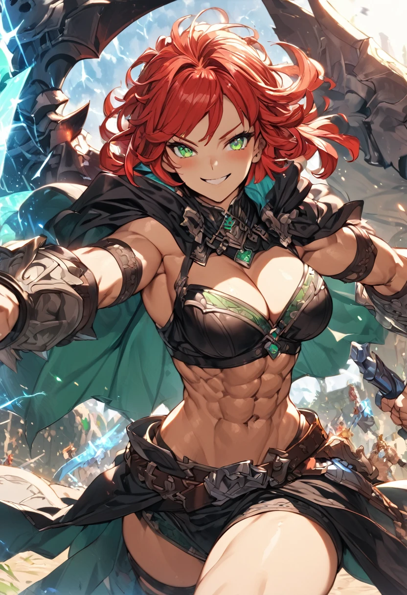 Adult female, fantasy, fantasy arena, bloody, happy, bloody smile, perfect smile, highly detailed, very short red hair, emerald green irises, barbarian, toned body, well-defined abs, thin black robes, fighting, perfect detail, perfect eyes, black pupils, vibrant eyes, thunder thighs