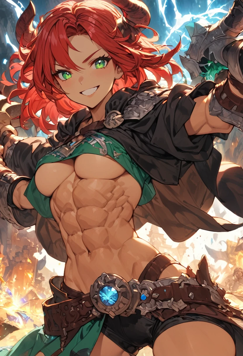 Adult female, fantasy, fantasy arena, bloody, happy, bloody smile, perfect smile, highly detailed, very short red hair, emerald green irises, barbarian, toned body, well-defined abs, thin black robes, fighting, perfect detail, perfect eyes, black pupils, vibrant eyes, thunder thighs