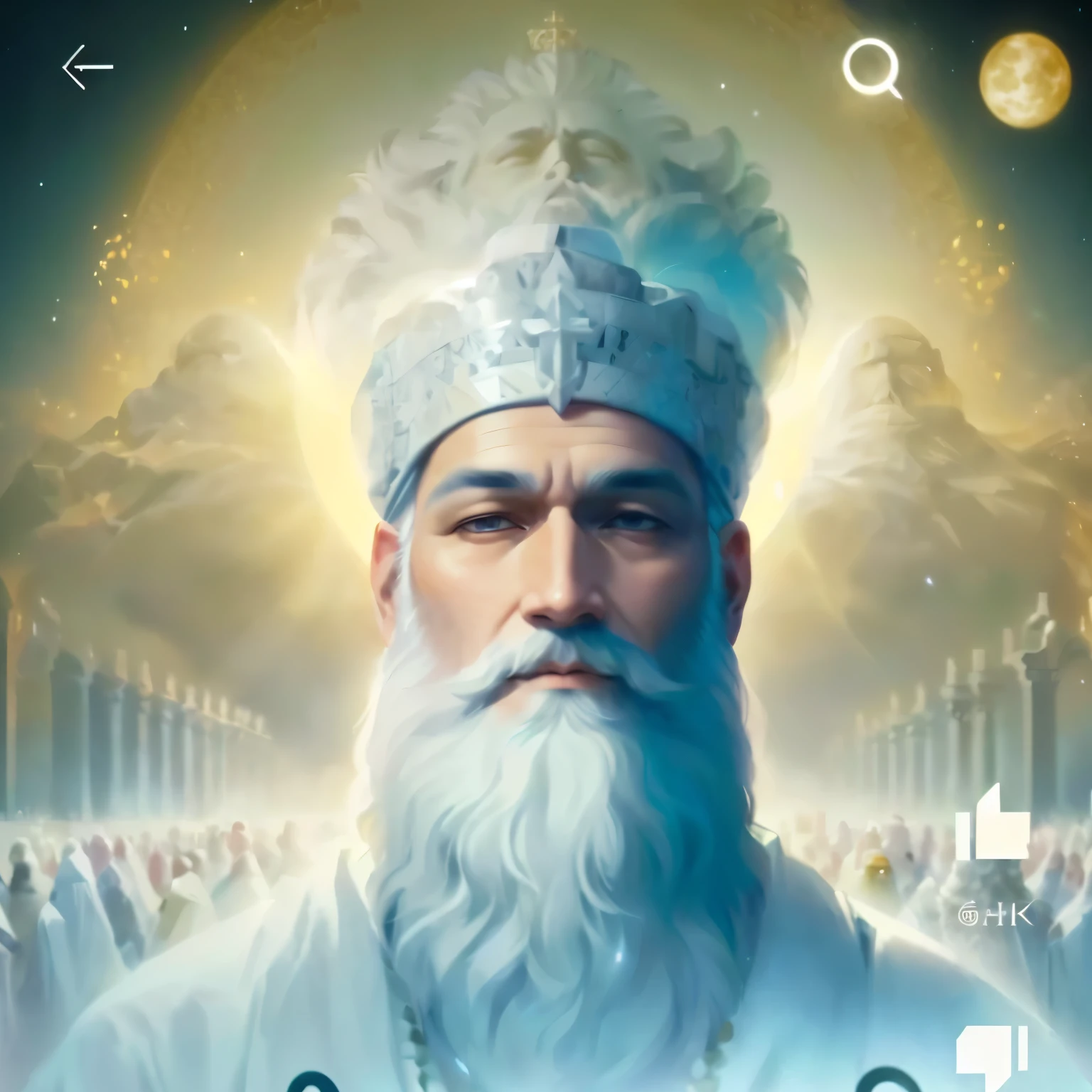 a close up of a man with a beard and a white beard, visible holy aura, profile pic, ( ( god king of ai art ) ), holy man looking at ground, praise the omnissaiah, white haired deity, kundalini energy, glowing holy aura, background is heavenly, god of moon, beautiful depiction, the god emperor of mankind