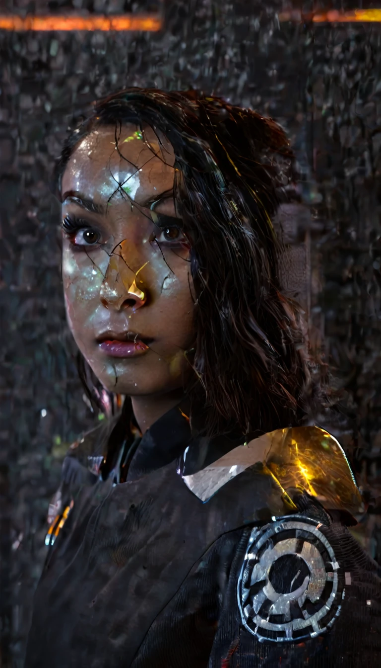battle damage , missing arm ,bright yellow eyes, ultra-detailed,vibrant colors,sci-fi,portrait,dramatic lighting,detailed facial features,dark background,long hair,glowing eyes,futuristic clothing,expressionless face,metallic texture,bright highlights,high contrast,radiant colors,artificial intelligence theme,sharp focus,technological elements,shadows and highlights,ethereal glow,neon lights,stormy atmosphere,otherworldly setting,unconventional composition,sharp lines,sleek design,mysterious atmosphere,unearthly beauty,digital enhancements,advanced technology,glowing circuitry,abstract background,ominous presence,subtle reflections,energetic pose,unique perspective,foreshortening effect,symmetrical composition,imposing presence,dynamic energy,striking visual impact,translucent overlays,organic and mechanical fusion.