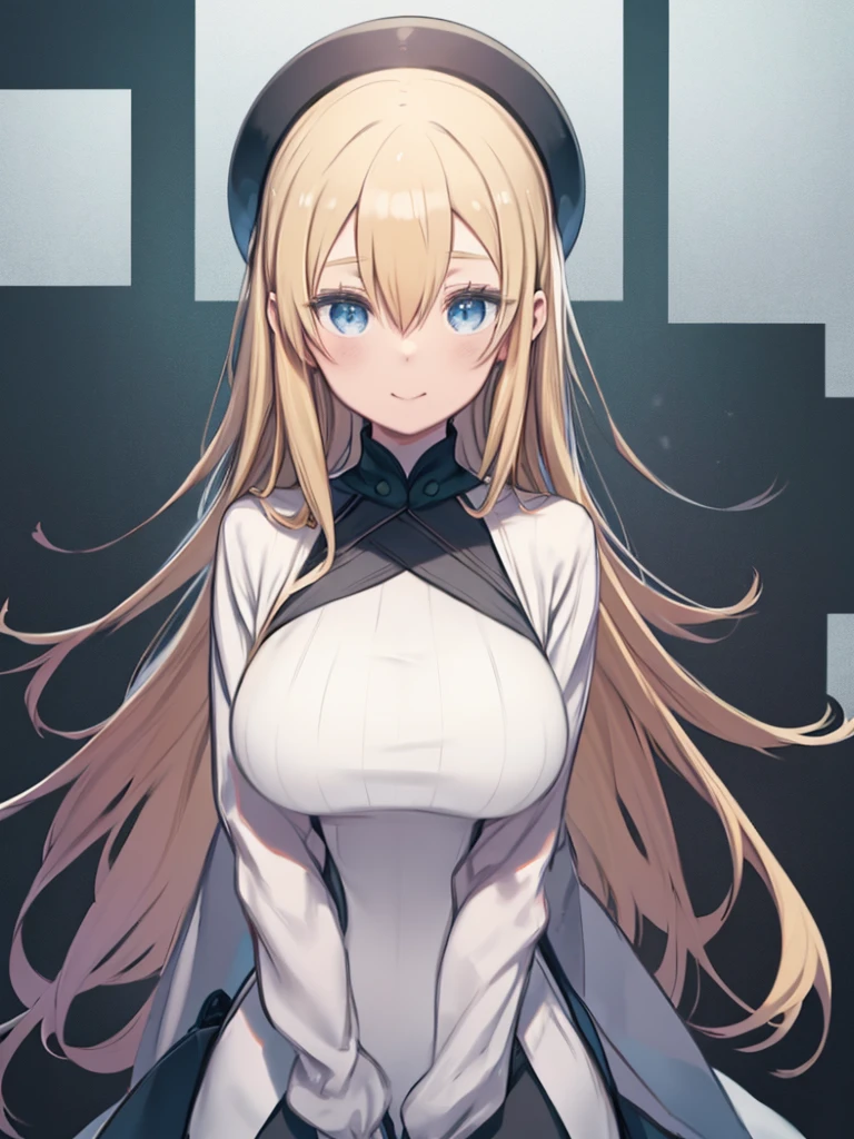 One Girl、Character design sheet、Monochrome、Black and White、Blonde Hair、long hair、Hair between the eyes、Big Breasts、Huge breasts、Blue Eyes、(Green turtleneck sweater)、Black Pencil Skirt、White Cape、Clothes with body lines、Watching the audience、Embarrassed、Smiling、Angle from the front、Upper Body、Put your hands down、