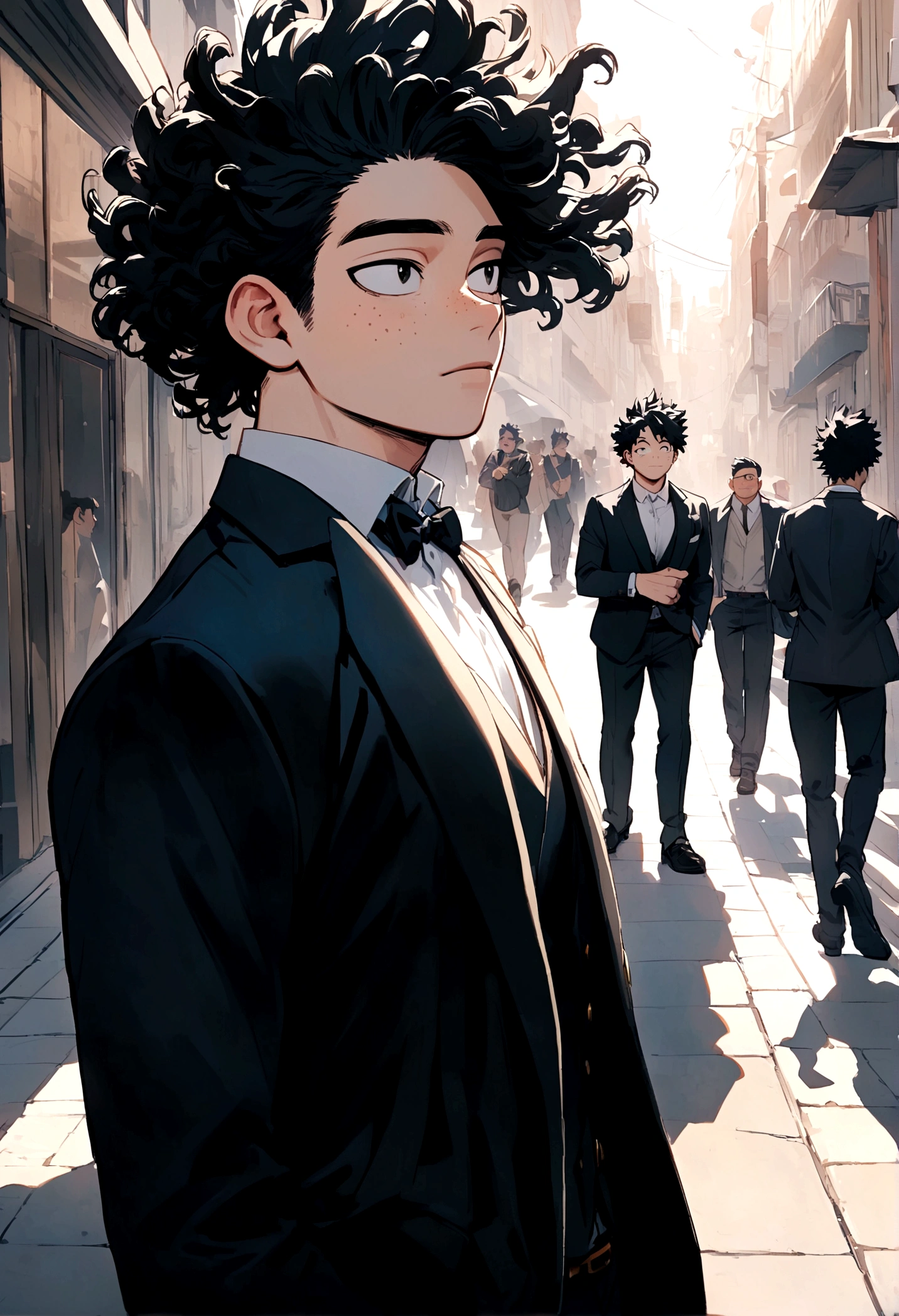 My hero academia, male with black curly hair, freckles, and black eyes