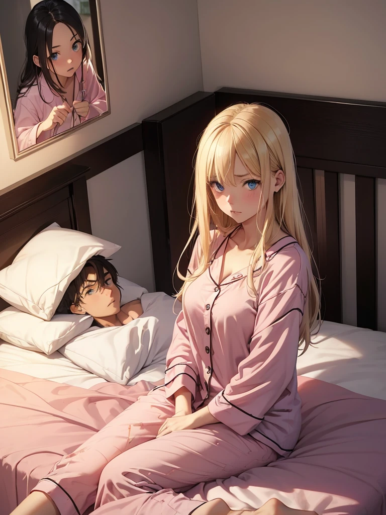 an adult girl, Blonde, blue eyes, loose hair, lying in her bed with a somewhat sick face, in pink full body pajamas, There is an adult boy next to her sitting on the bed to take care of her., black hair, black eyes