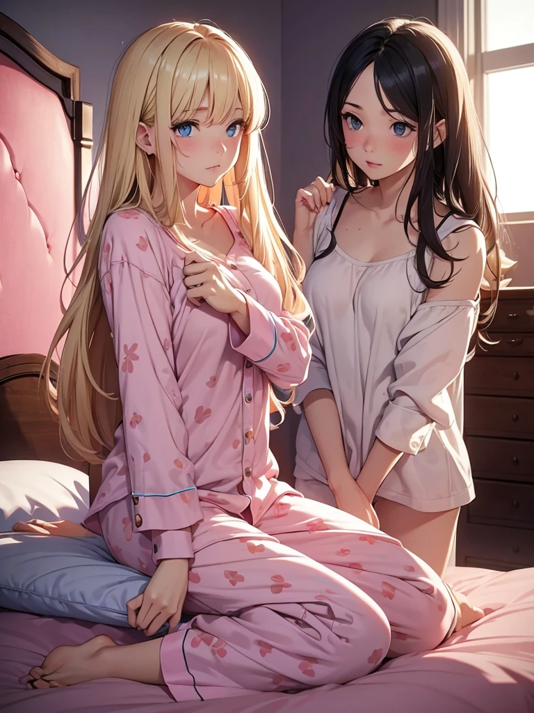 an adult girl, Blonde, blue eyes, loose hair, lying in her bed with a somewhat sick face, in pink full body pajamas, There is an adult boy next to her sitting on the bed to take care of her., black hair, black eyes 