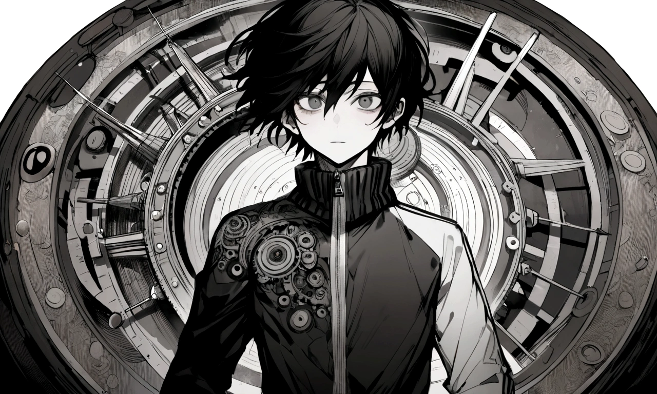 black and white drawing, giant clockwork background, human, 26 year old male, black neat hair, a lonely face, wearing gray tracksuit, A huge needle gets stabbed in the chest., A huge needle pierces the heart
