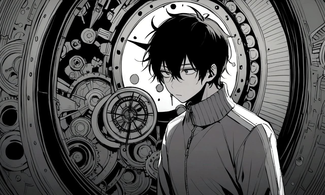 black and white drawing, giant clockwork background, human, 26 year old male, black neat hair, a lonely face, wearing gray tracksuit, A huge needle gets stabbed in the chest., A huge needle pierces the heart
