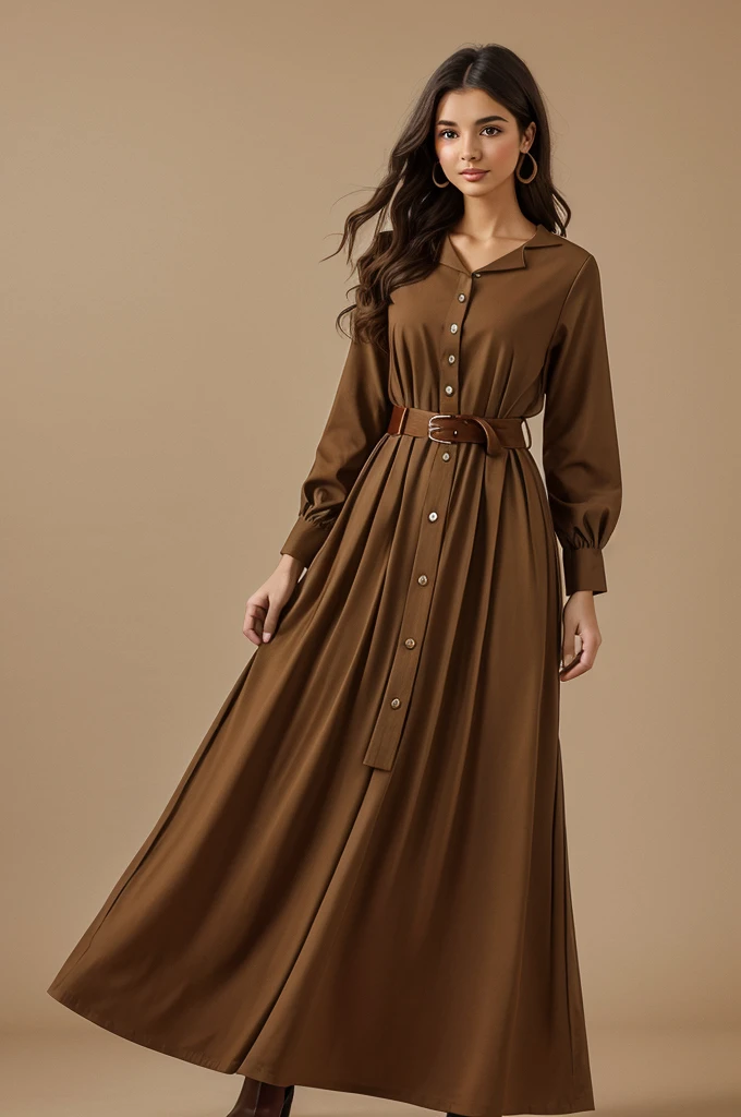 Illustration of woman in long brown dress, long sleeve and belt