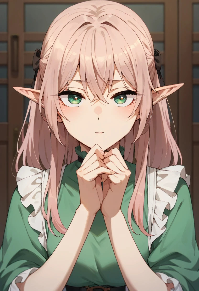 garota de cavbelo rosa comprido, elf green eyes