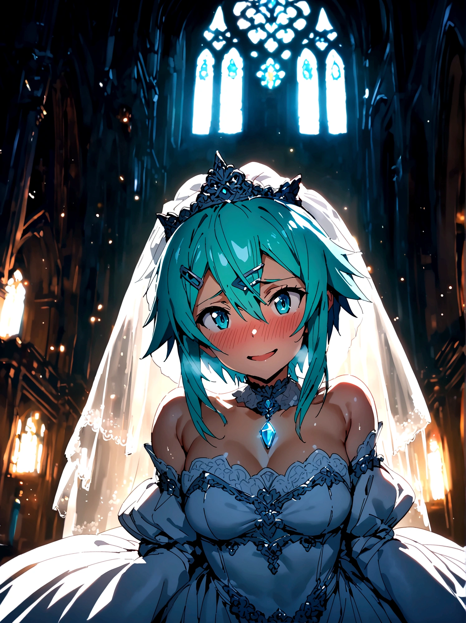 NSFW,masterpiece,Highest quality,High resolution,Super detailed,Sinon\(Sword Art Online\),(Quality Wedding Dresses),Wedding Veil,tiara,gem, hair ornaments, Hair Clip,Embarrassed,smile,excited,(Estrus),blush,heart,(Middle-aged men),Having sex,Insert,Creampie,Church at night,Luxurious Room,wedding