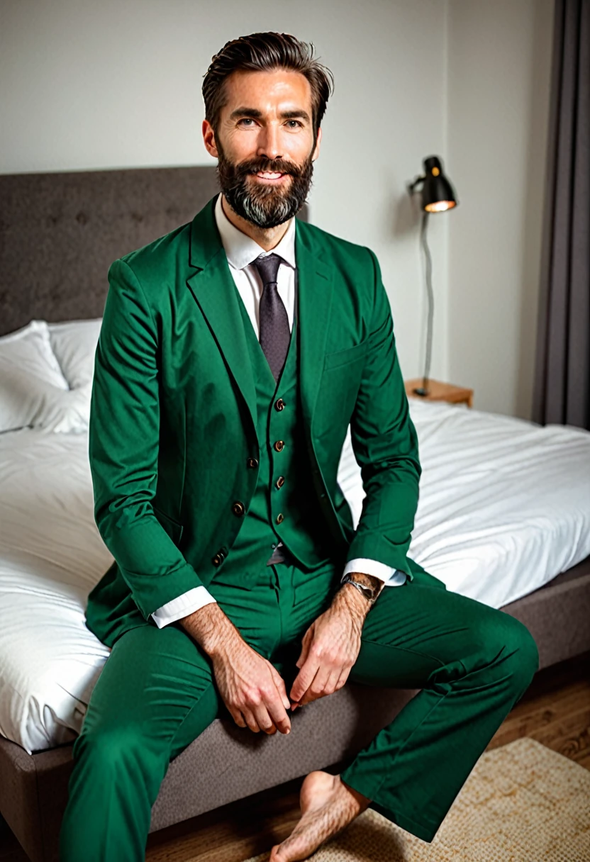 masculine, handsome bearded lean 35 years old male doctor wearing a dark green suit and barefeet. He is very tall and relaxing on a small bed. His feet are visible in the picture.