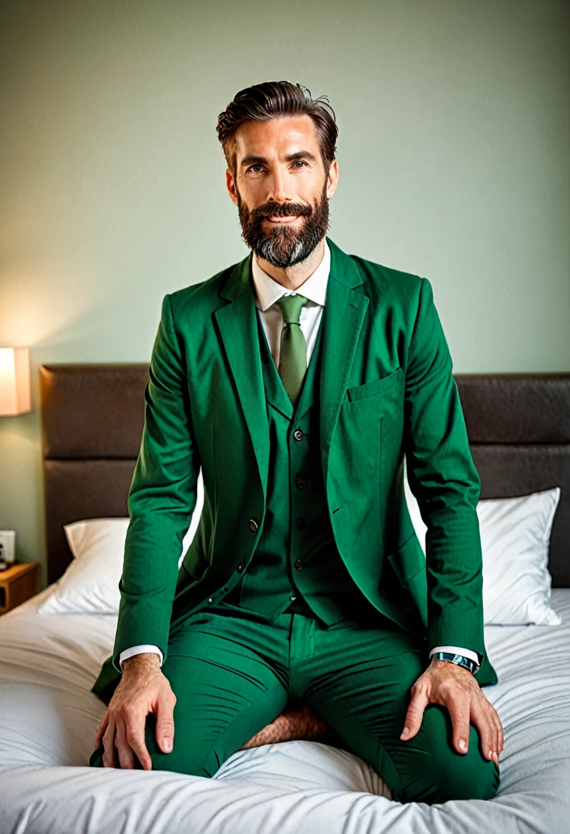 masculine, handsome bearded lean 35 years old male doctor wearing a dark green suit and barefeet. He is very tall and relaxing on a small bed. His feet are visible in the picture.