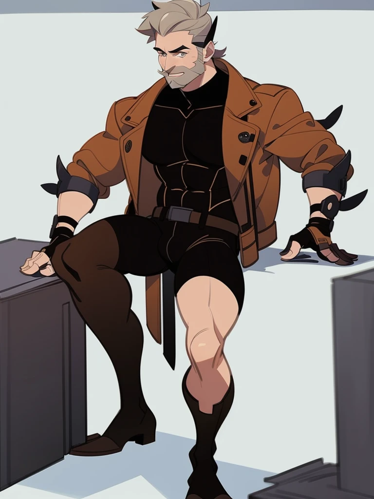 Male, Human, White short hair, fit build, leather brown jacket, full body, gray hair and brown full beard
