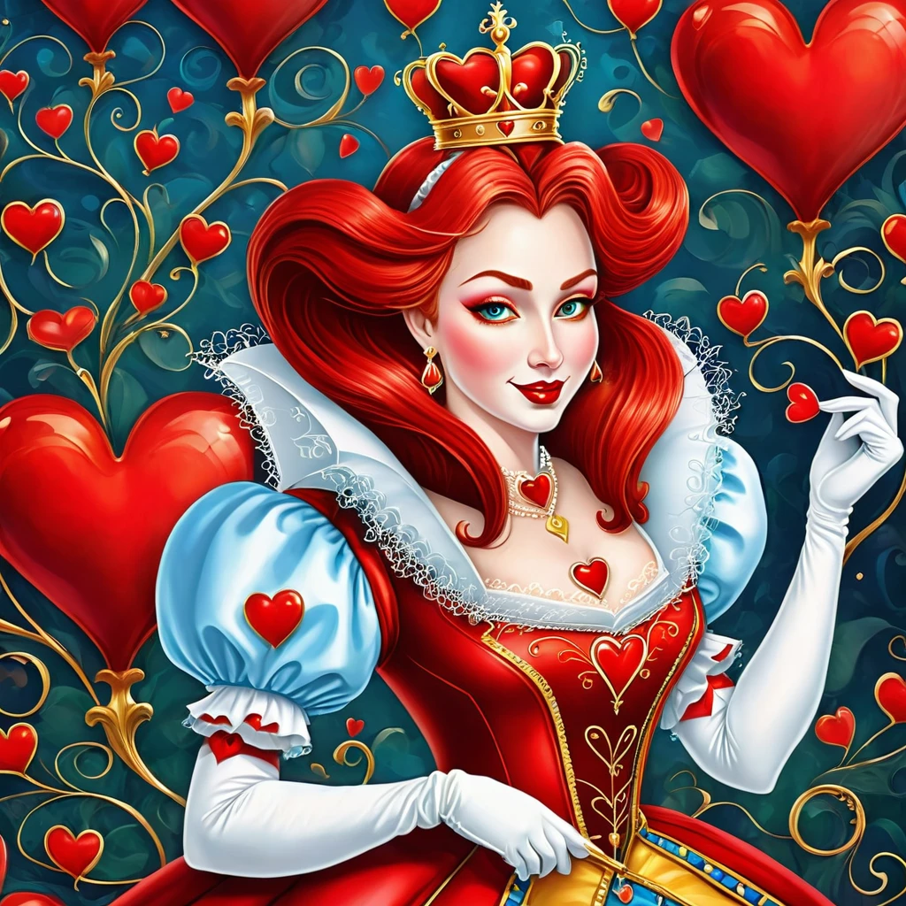 Create a digital artwork of The Queen of Hearts from Alice in Wonderland in a whimsical and colorful style. Emphasize her distinctive features, such as her red heart-shaped crown, extravagant red gown, and her stern yet comical expression. Ensure that she is depicted against a vibrant, fantastical backdrop that reflects Wonderland's peculiar charm.