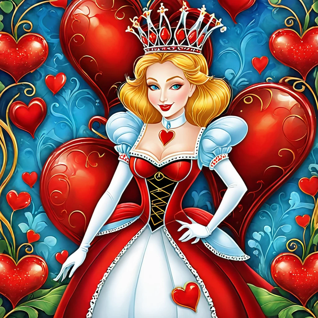 Create a digital artwork of The Queen of Hearts from Alice in Wonderland in a whimsical and colorful style. Emphasize her distinctive features, such as her red heart-shaped crown, extravagant red gown, and her stern yet comical expression. Ensure that she is depicted against a vibrant, fantastical backdrop that reflects Wonderland's peculiar charm.