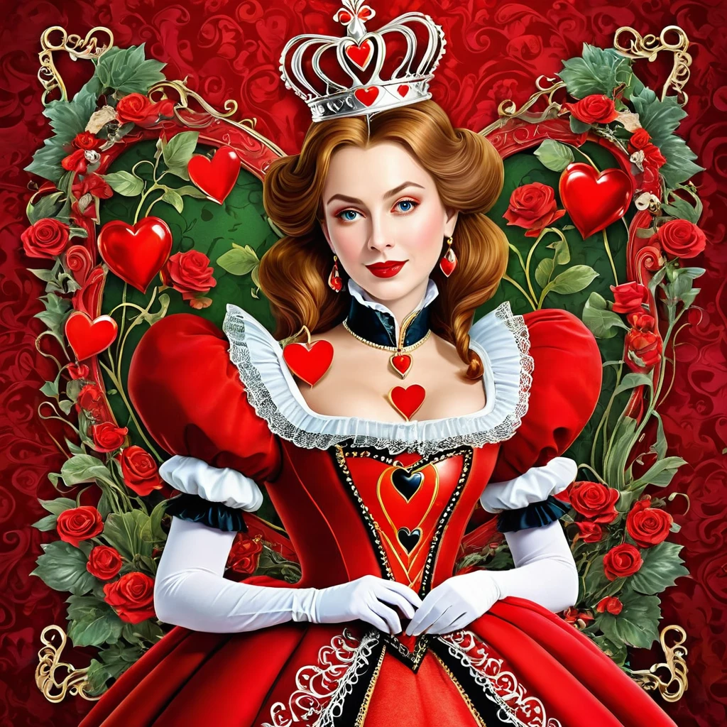 Create a digital artwork of The Queen of Hearts from Alice in Wonderland in a whimsical and colorful style. Emphasize her distinctive features, such as her red heart-shaped crown, extravagant red gown, and her stern yet comical expression. Ensure that she is depicted against a vibrant, fantastical backdrop that reflects Wonderland's peculiar charm.