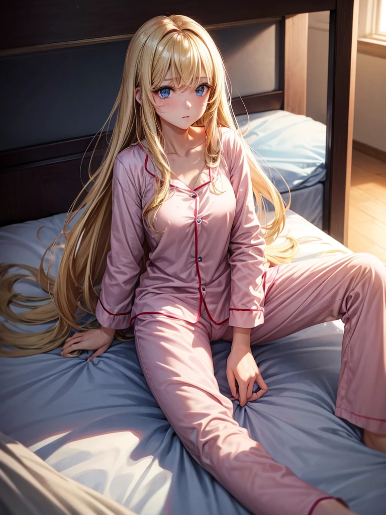 an adult girl, Blonde, blue eyes, loose hair, lying in her bed with a somewhat sick face, in pink full body pajamas, There is an adult boy next to her sitting on the bed to take care of her., black hair, black eyes