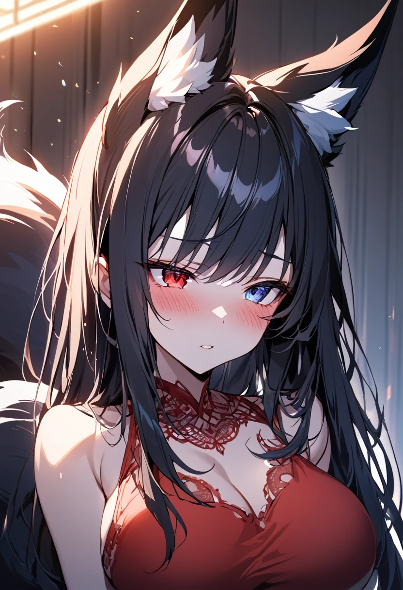 a beautiful blue and black kitsune, detailed intricate portrait, 1girl, long black hair, slim waist, big breasts, long white tail, heterochromia (one blue eye, one red eye), bright shining eyes, wearing a red one piece swimsuit, blushing, dramatic lighting, sensual