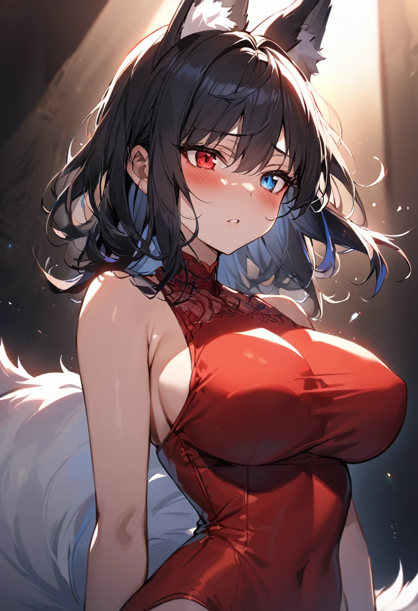 a beautiful blue and black kitsune, detailed intricate portrait, 1girl, long black hair, slim waist, , long white tail, heterochromia (one blue eye, one red eye), bright shining eyes, wearing a red one piece swimsuit, blushing, dramatic lighting, sensual