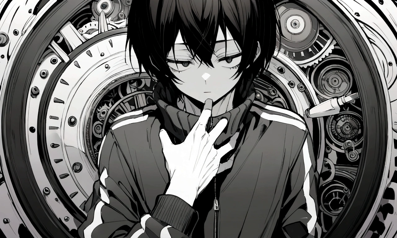 black and white drawing, giant clockwork background, human, 26 year old male, black neat hair, a lonely face, wearing gray tracksuit, A huge needle pierces the chest., Got pierced through the heart with a huge needle.