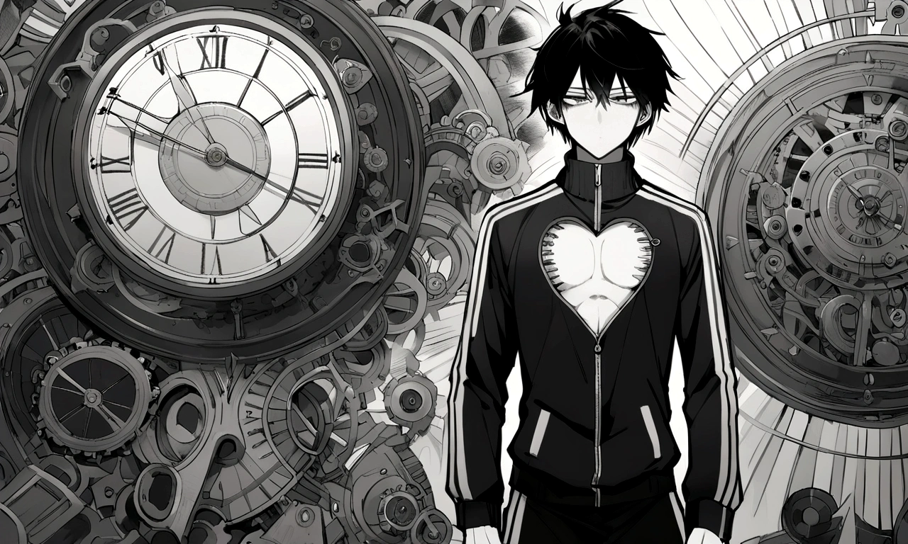 black and white drawing, giant clockwork background, human, 26 year old male, black neat hair, a lonely face, wearing gray tracksuit, A huge needle pierces the chest., Got pierced through the heart with a huge needle.