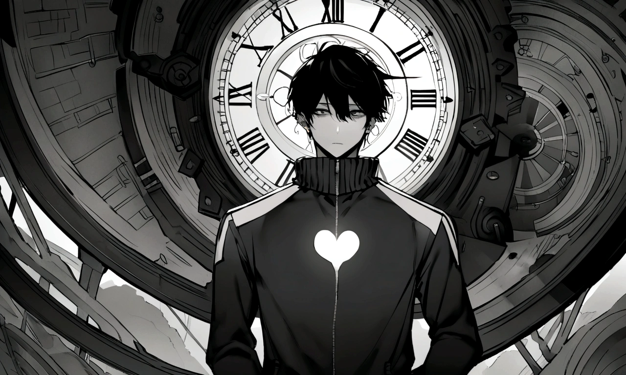 black and white drawing, giant clockwork background, human, 26 year old male, black neat hair, a lonely face, wearing gray tracksuit, A huge needle pierces the chest., Got pierced through the heart with a huge needle.