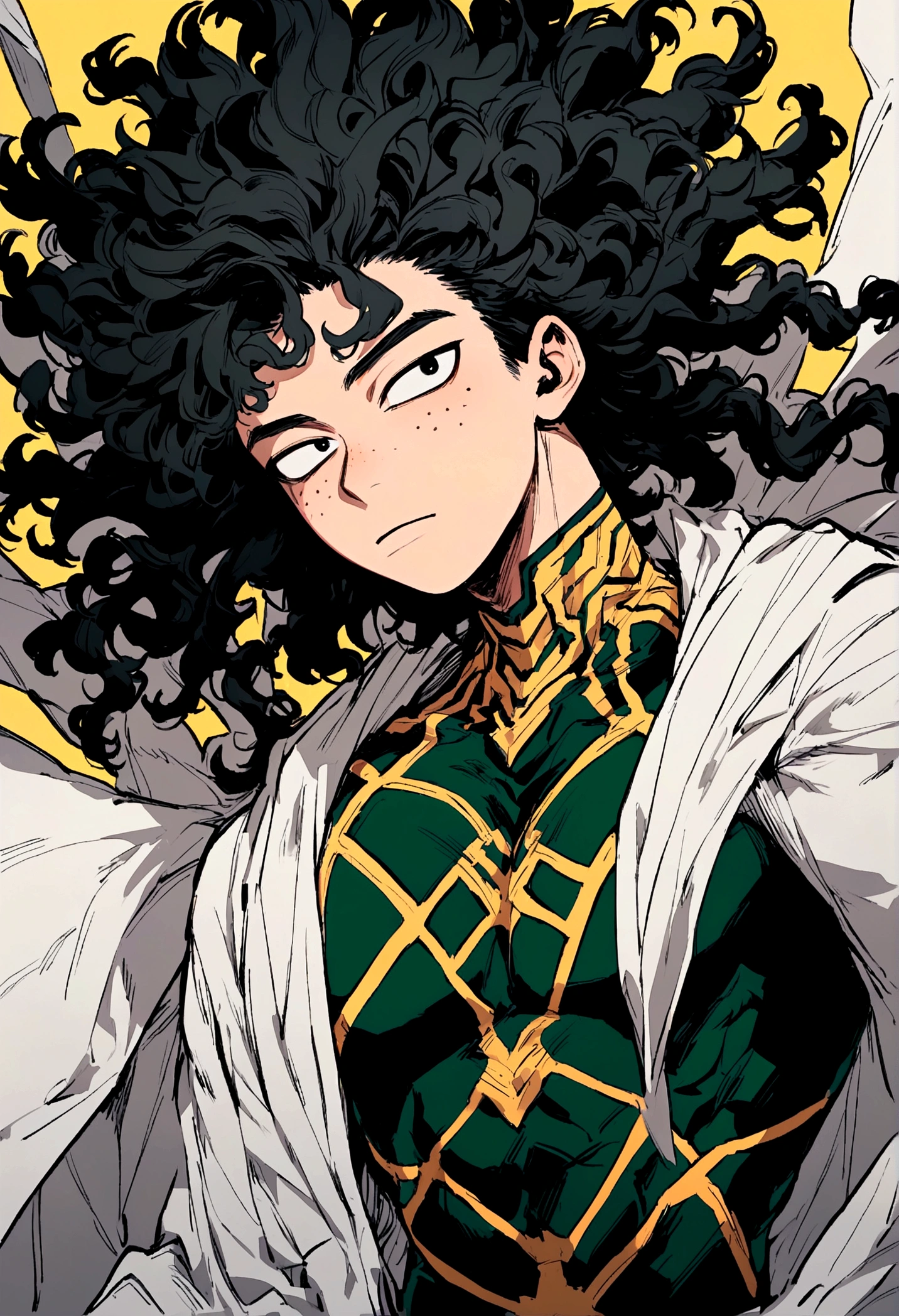 My hero academia, male with black curly hair, freckles, and black eyes
