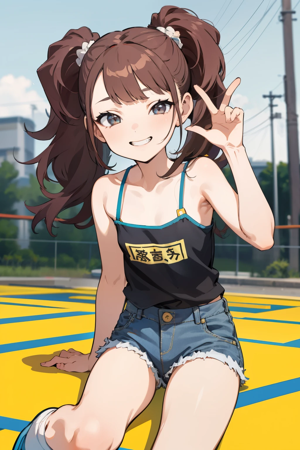 masterpiece, Highest quality, High resolution,
One girl, alone, View your viewers, Grin,camisole,Denim shorts,Clean your socks, Long Hair, Flat Chest, Twin tails, bangs, 6 years old,,Outdoor,(Browsing Caution)