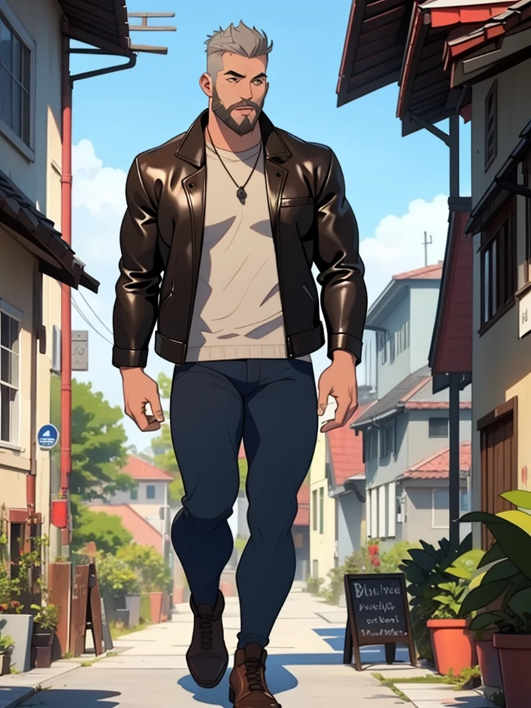Male, Human, White short hair, fit build, leather brown jacket, full body, gray hair and brown full beard