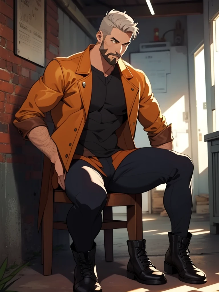 Male, Human, White short hair, fit build, leather brown jacket, full body, gray hair and brown full beard
