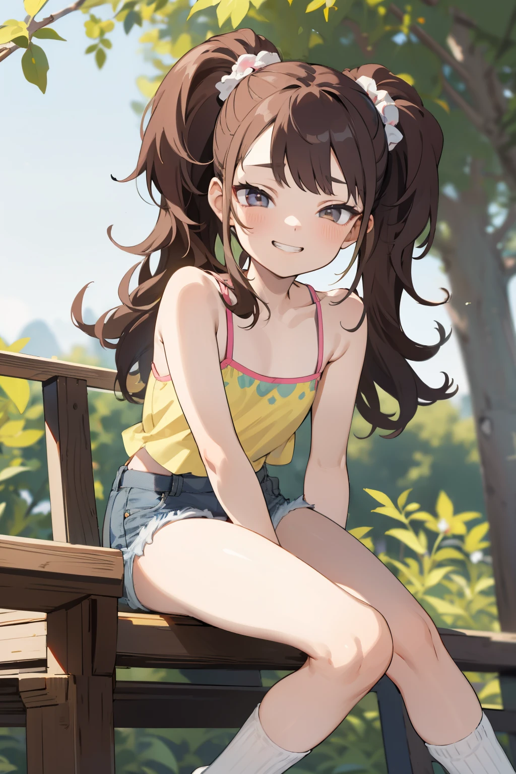 masterpiece, Highest quality, High resolution,
One girl, alone, View your viewers, Grin,camisole,Denim shorts,Clean your socks, Long Hair, Flat Chest, Twin tails, bangs, ,,Outdoor,(Browsing Caution)