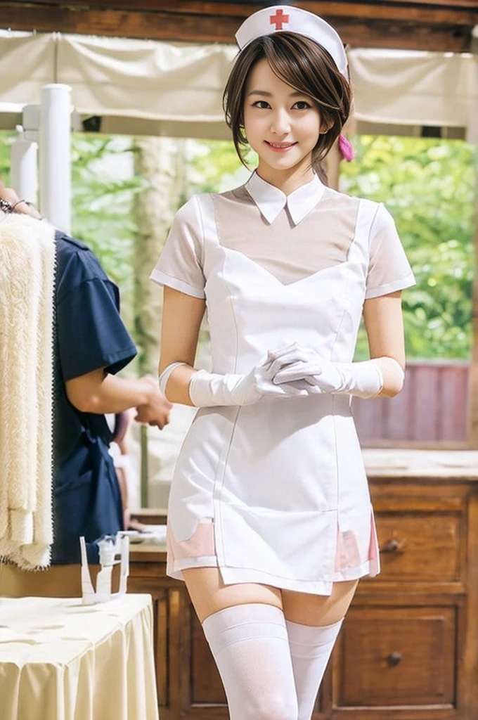 nsfw,nude、1 Female, nurse, nurse Cap, Whiteware, ((White legwear, zettai ryouiki)), White gloves,  Pink lipstick, smile, Are standing, Sharp contours, Short sleeve, Mature Woman, Highest quality, Tabletop, clinic、Browsing Caution,