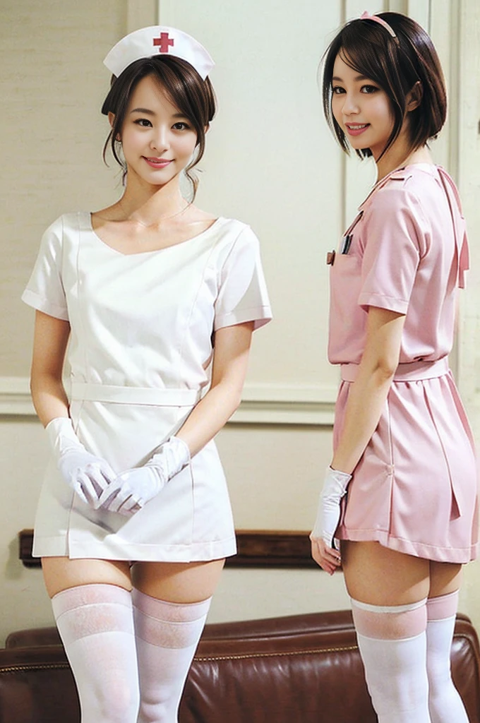 nsfw,nude、1 Female, nurse, nurse Cap, Whiteware, ((White legwear, zettai ryouiki)), White gloves, Pink lipstick, smile, Are standing, Sharp contours, Short sleeve, Mature Woman, Highest quality, Tabletop, clinic、Browsing Caution,
