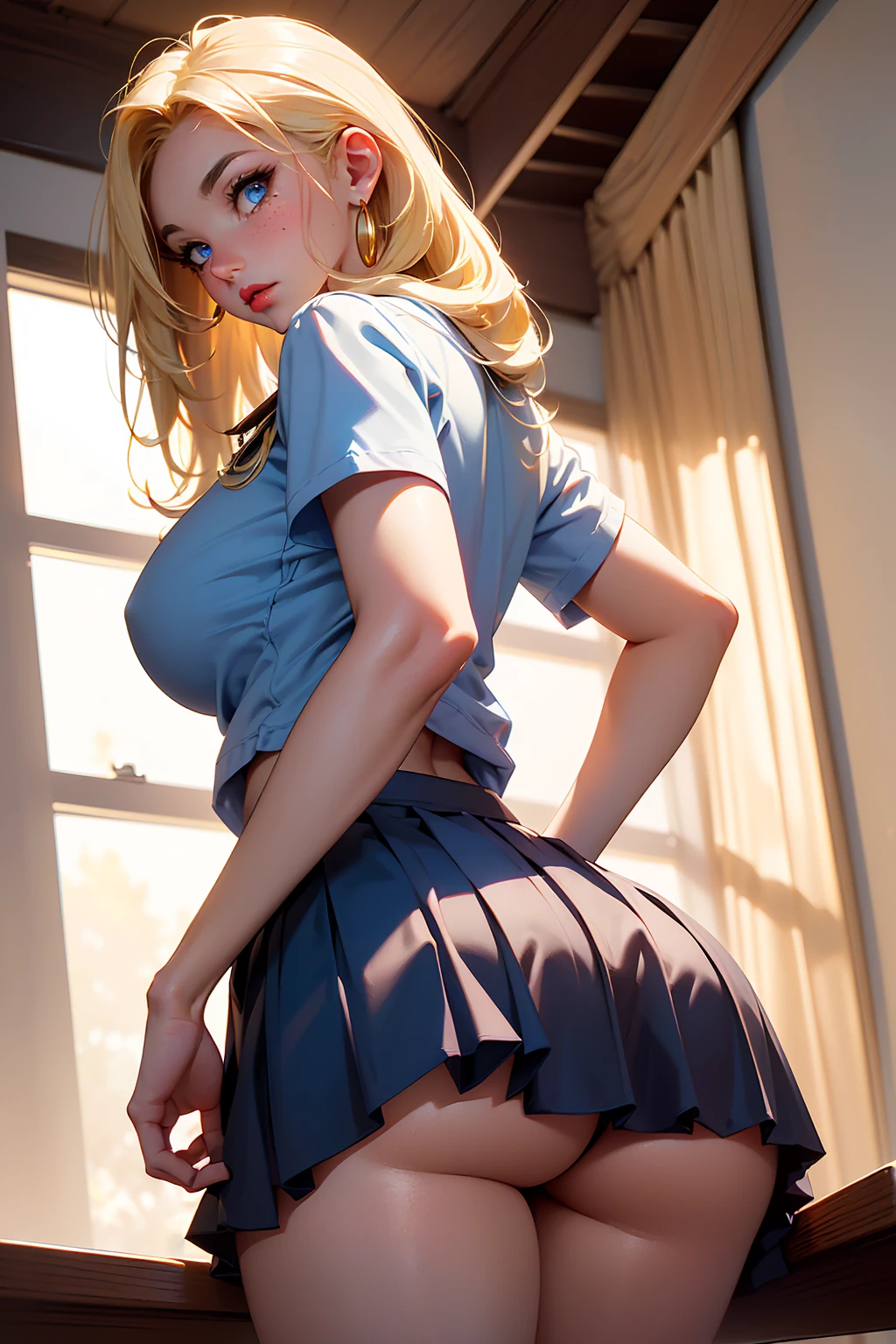 (((Blonde stunning hair))), (blue eyes), blue necklace, Golden earrings, Fit, Gorgeous Body, gorgeous, brown eyebrows, (two moles over lip), big pupils, (23 years old), 1girl,solo, complex skin, warm light, (large breasts), wide thighs, round butt, 5 fingers, ((blushing)), ((detailed face, best quality)), ((masterpiece)), ((ultra-detailed)), (beautiful detailed eyes), red lip, eyeshadow, beautiful face, long hair, very detailed eyes, intricate details in eyes, perfect lips, good lighting, cleavage, from behind pov, show ass, focus on ass, big ass cheeks, round ass, ass directly in camera, classroom background, ((School Uniform skirt a little bit lifted to show ass))
