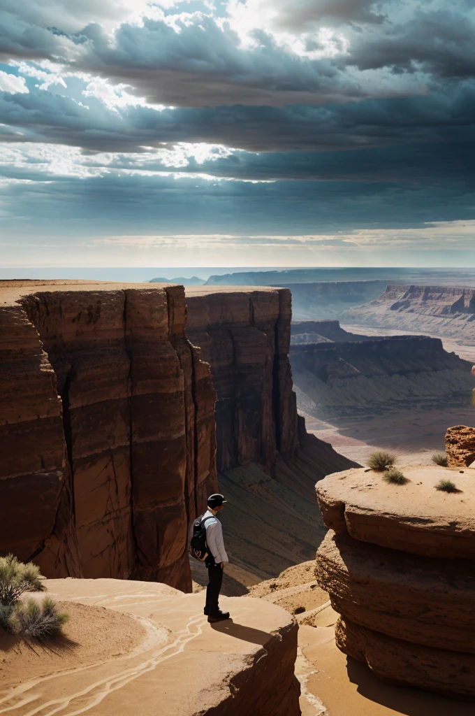 A man stand on the edge of cliff in a desert under dark clouded sky behind stylish elegant perfume bottles are kept