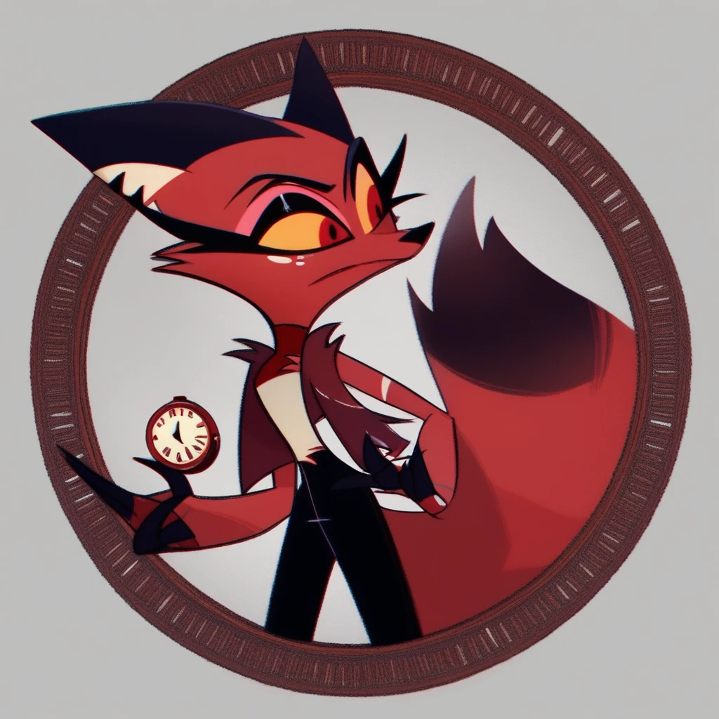 (Vivziepop style), anthro, canid, female, mammal, solo, (by vivzmind) (helluva boss)Solo female,Furry,Fox ,Red fox,Dark red feathers,Fox,Black fox ears with red tips,Red eyes with black skeral,Vintage style,Short hair ,with wavy dark red tips,A long jacket with a dark red collar,white shirt,With a clock on it black tie, black trousers, dark red fluffy fox tail,


