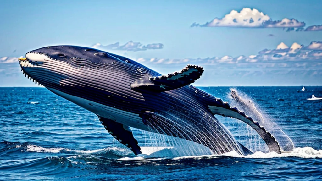 In the clear, beautiful sky, a large whale is flying with its mouth wide open and its fins spread out like an airplane.。The teeth are very neat。